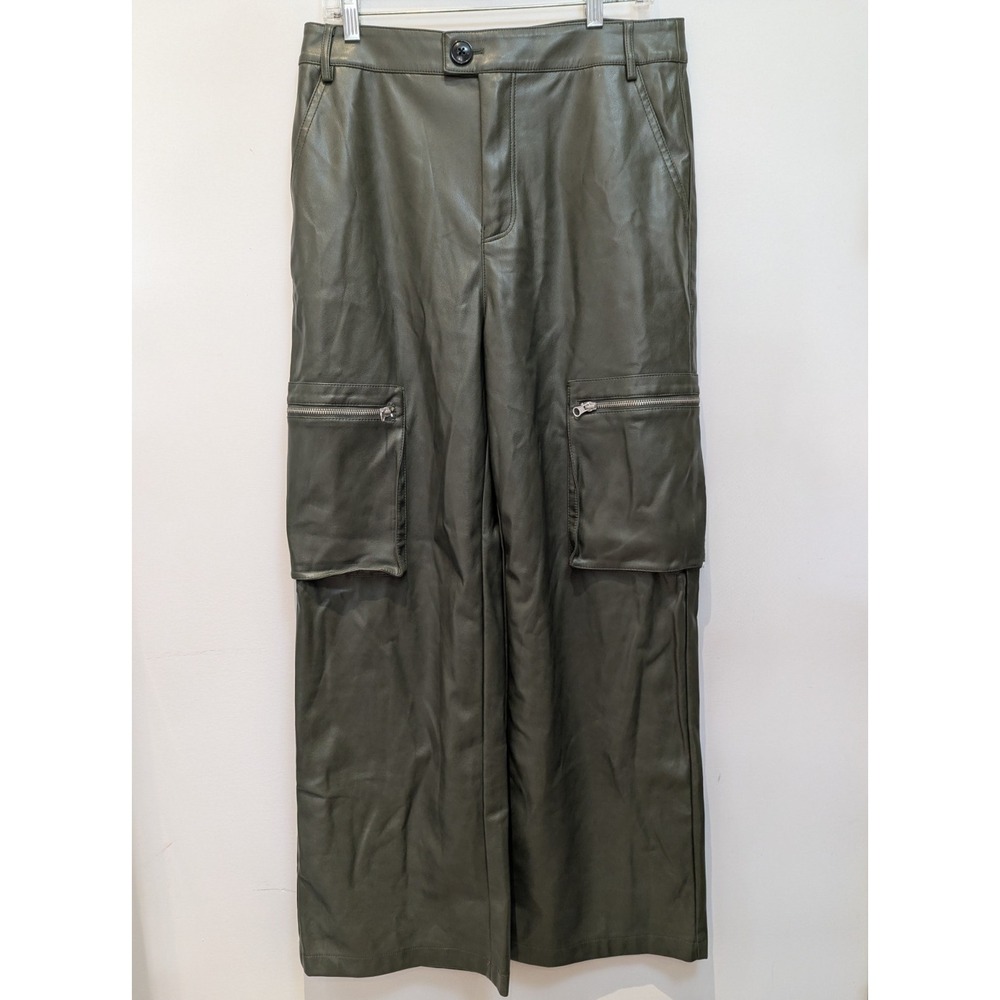 Anthropologie Avec Les Filles Faux Leather Wide Leg Cargo Pants Sz M Olive Green